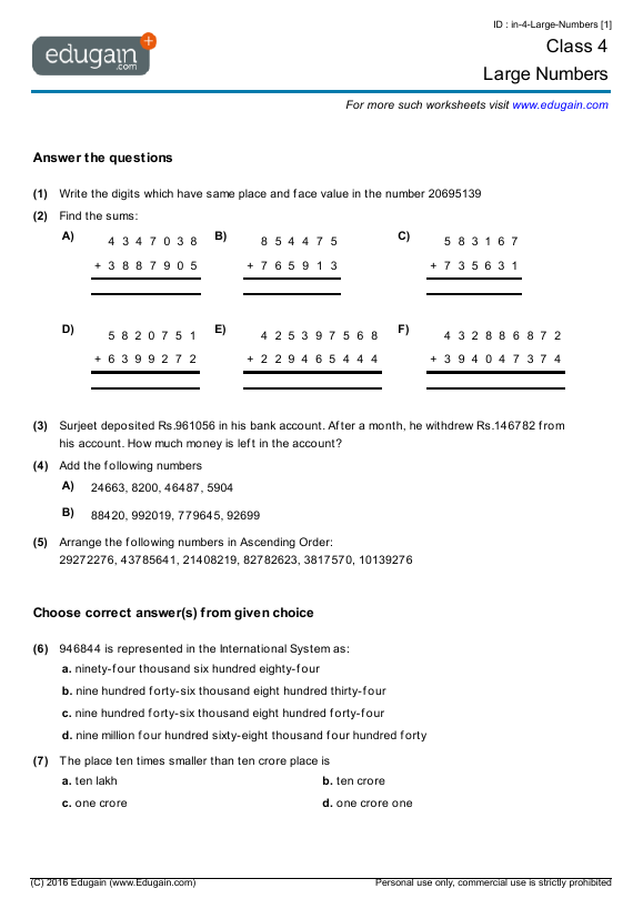 Worksheet On Large Numbers For Grade 4