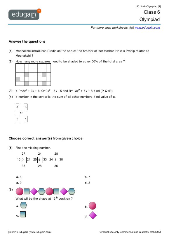 Maths Olympiad For Class 6 Worksheets Pdf With Answers 2022